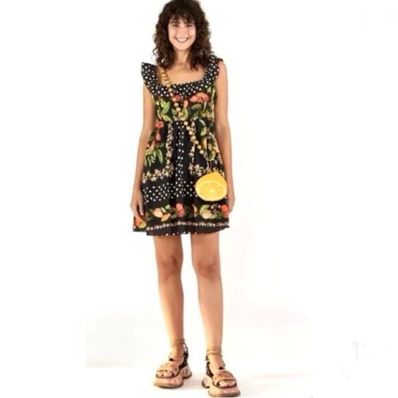 NEW FARM Rio Cocoa Paradise Mini Dress Tropical Polka Dot Ruffle Black Size XL - Picture 2 of 16